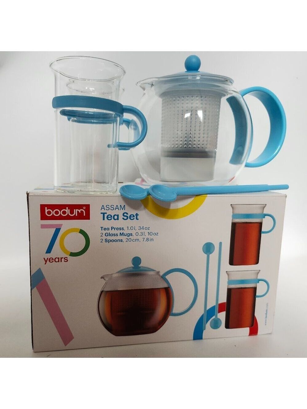 BNIP BODUM ASSAM Tea Set in Light Blue Tea Press 2 Glass Mugs 2 Stirring Spoons